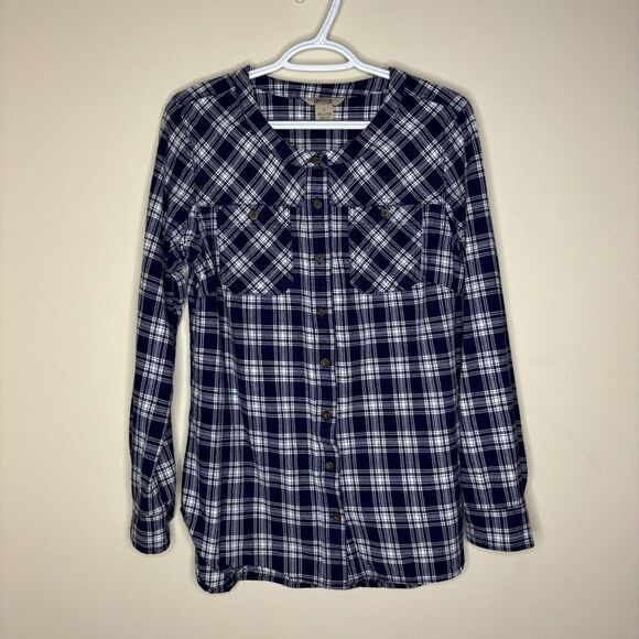 womens duluth trading company plaid button down no collar size S blue - Picture 1 of 5